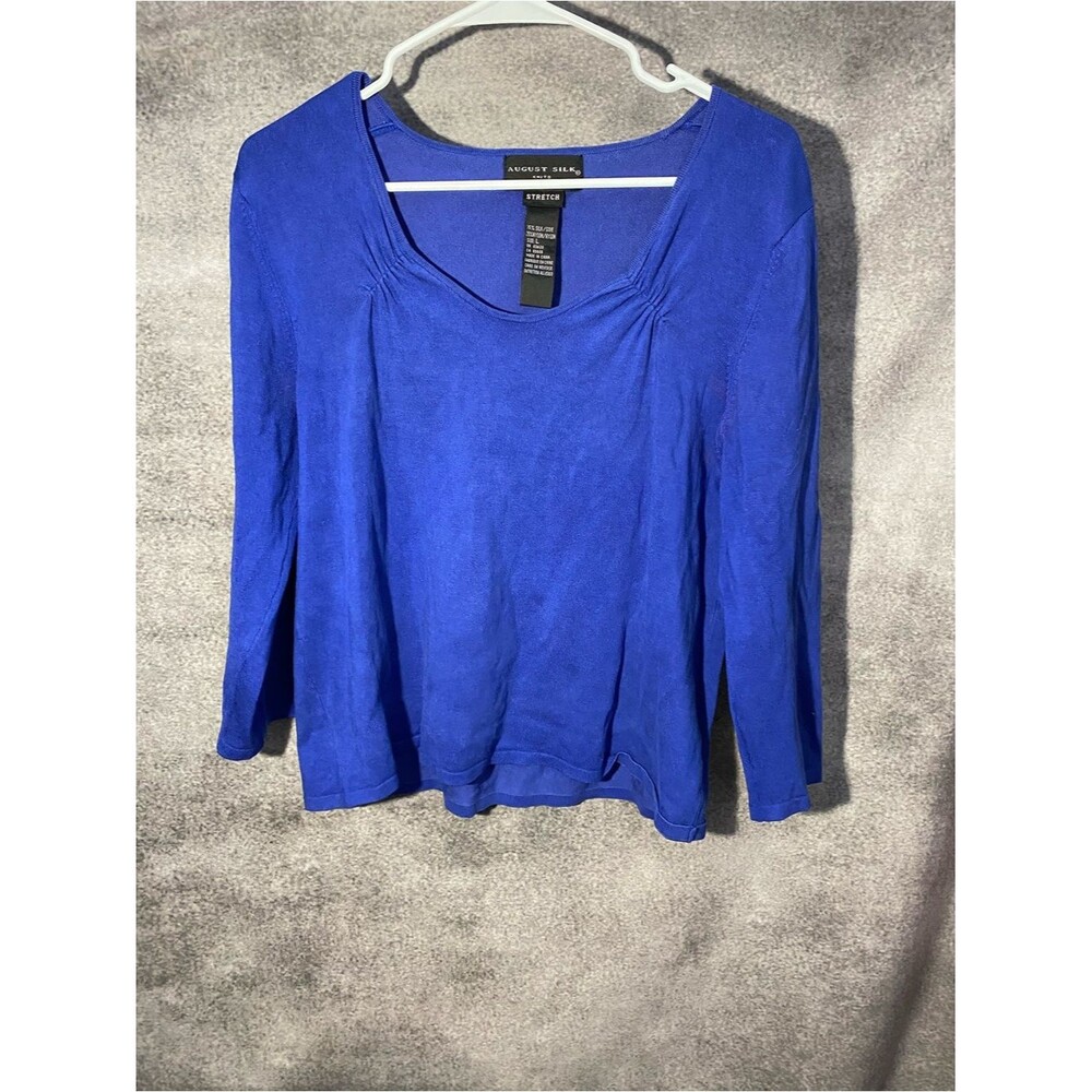 August Silk Knit Blouse Cobalt Blue Long Sleeve Ruched V-Neck Top Size L